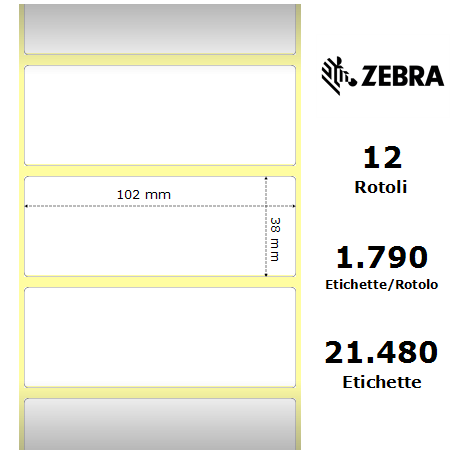 3006319 - Etichette Zebra F.to 102x38mm Z2000T Adesivo Permanente - Confezione da 12 Rotoli